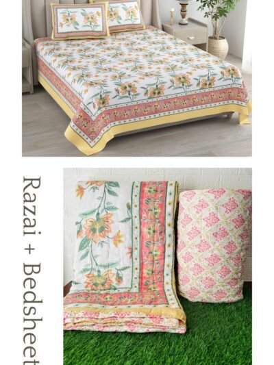 Razai Set - Set Of 4 Pcs - Pink Bird Print Razai Bedding Set (Bedsheet + Cotton Quilt)