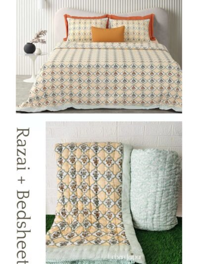 Razai Set - Set Of 4 Pcs - Mughal Print Razai Bedding Set (Bedsheet + Cotton Quilt)