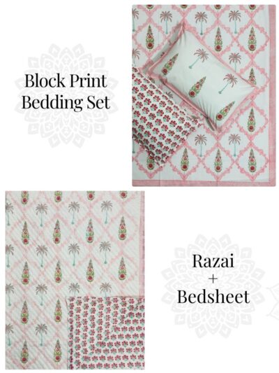 Block Print Bedding Set - King Size Bedsheet + Block Print Quilt (Set Of 4 Pcs)