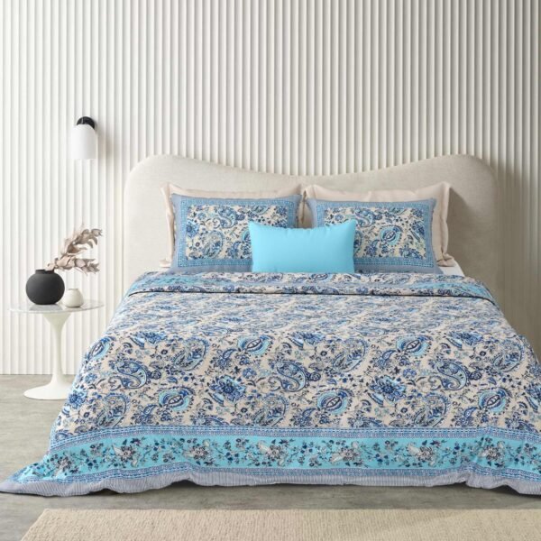 Jaypore - Floral Print Pure Cotton Bedsheet for Double Bed - Blue, Grey