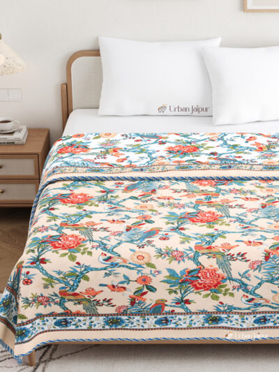 Bird Print Mulmul Lightweight Cotton Dohar Blanket for Double Bed – Peach