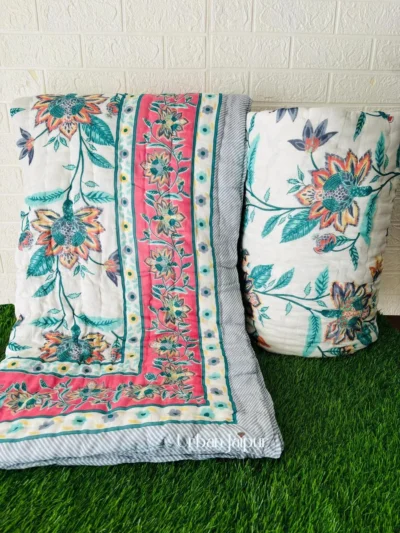 Original Mulmul Cotton Jaipuri Razai for Double Bed | Floral Print, Blue