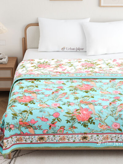 Bird Print Mulmul Lightweight Cotton Dohar Blanket for Double Bed – Blue