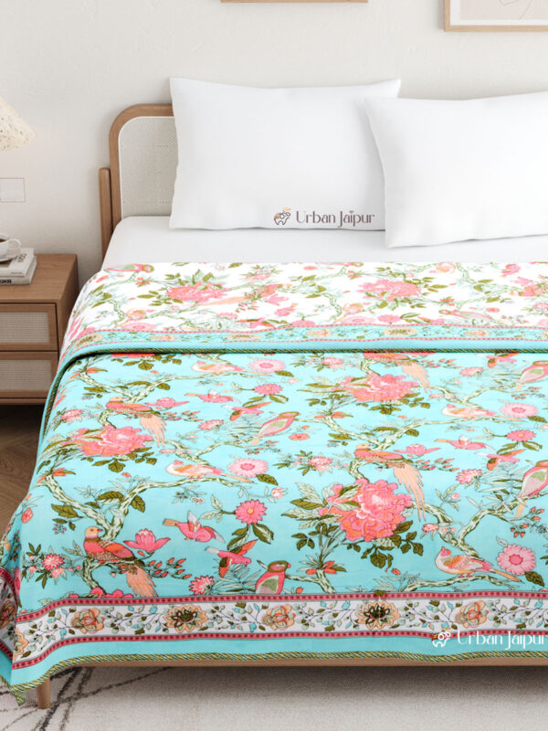 Bird Print Mulmul Lightweight Cotton Dohar Blanket for Double Bed – Blue