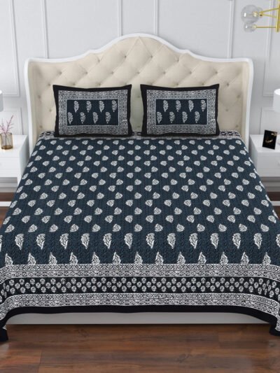 Dabu- Midnight Green Cotton Bedsheet Set ( 95x108 IN)