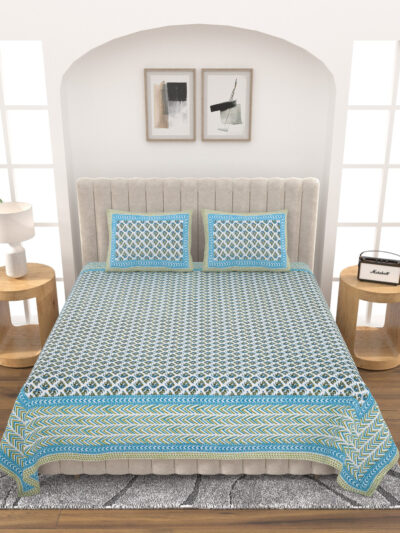 Rainbow- Regal Elegance Floral Print Pure Cotton Double Bed Bedsheet - Blue