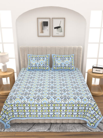 Rainbow- Ikat Print Pure Cotton Double Bed Bedsheet -Blue,Green