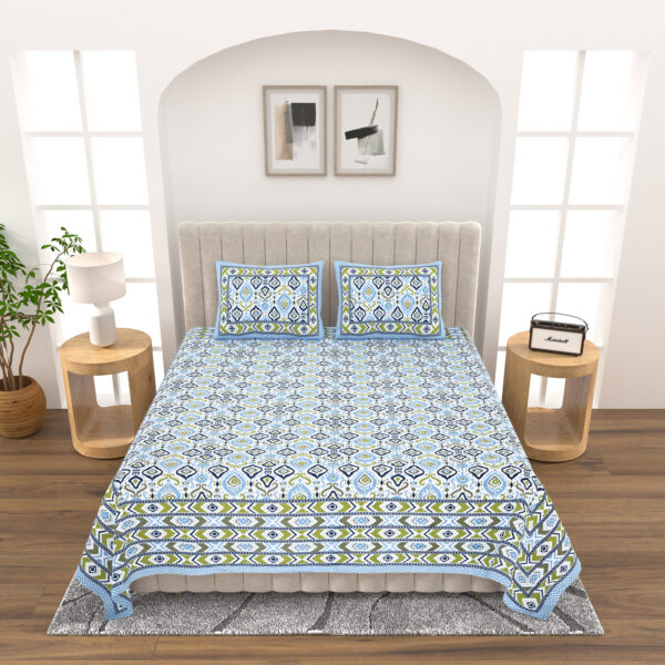 Ikat Print Pure Cotton Double Bed Bedsheet -Blue,Green