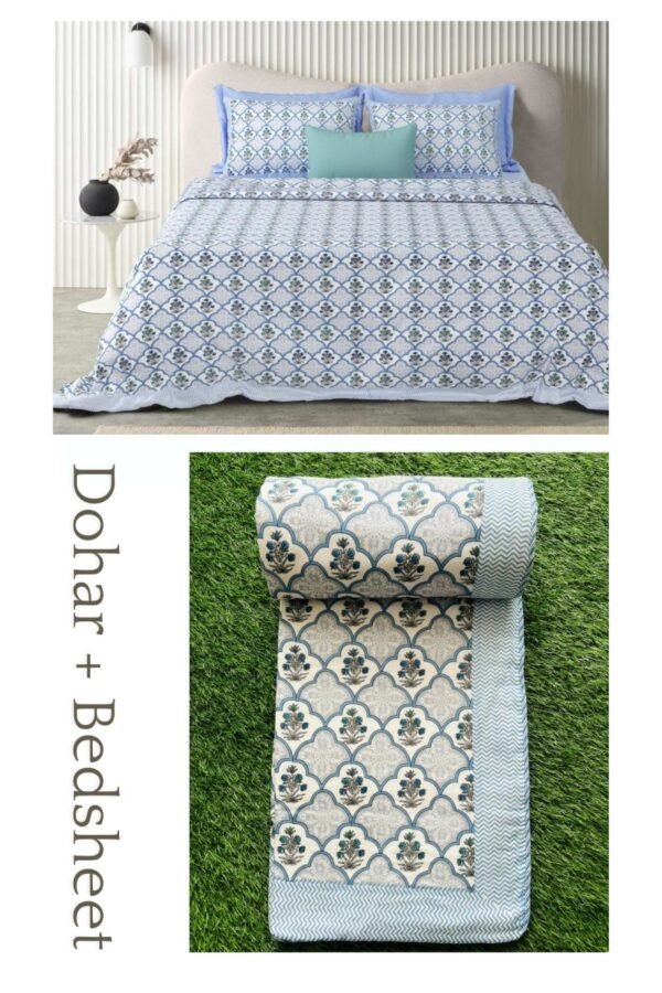 Mughal Jaal Print Dohar Bedding Set | Bedsheet & Dohar Blanket - Blue