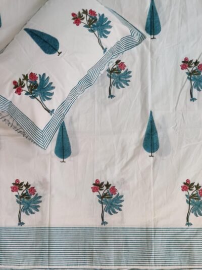 Harmony - Luxurious Block Print Percale Cotton King Size Bedsheet - Blue