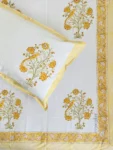 Harmony - Hand Block Print King Size 300 TC Bedsheet with Yellow Floral & Bird Design