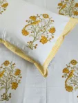 Harmony - Hand Block Print King Size 300 TC Bedsheet with Yellow Floral & Bird Design