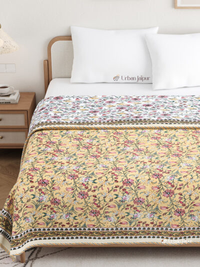 Mughal Print Mulmul Cotton Dohar for Double Bed - Mustard