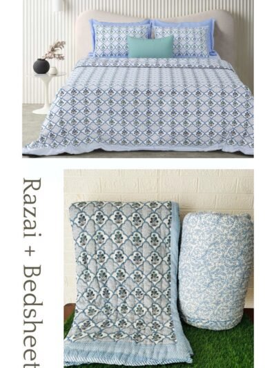 Razai Set - Set Of 4 Pcs - Mughal Print Razai Bedding Set (Bedsheet + Cotton Quilt)