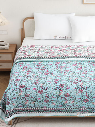 Mughal Print Mulmul Cotton Dohar for Double Bed - Sky Blue