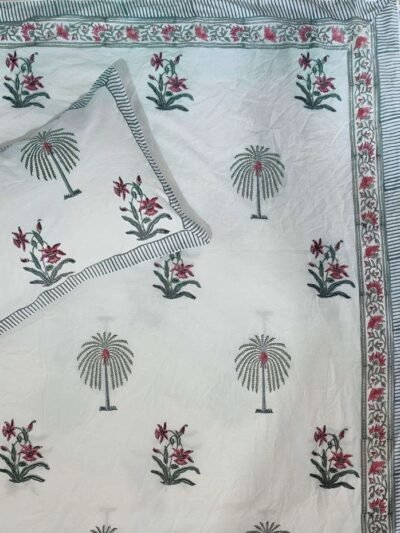 Harmony - Hand Block Print King Size Bedsheet with Palm Tree & Floral Print Design