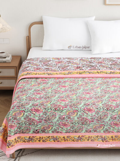 Paisley Print Mulmul Cotton Dohar for Double Bed - Pink and Green
