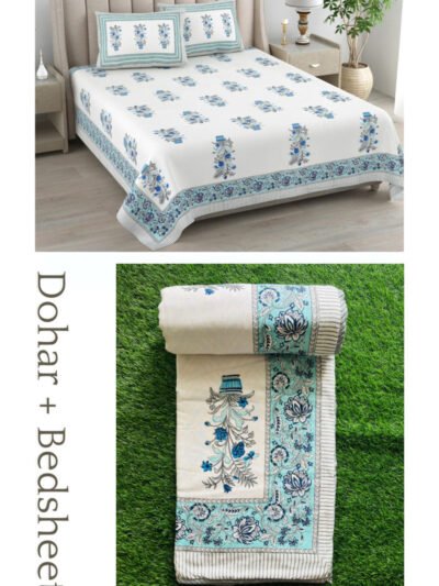 Floral Print Dohar Bedding Set | Bedsheet & Dohar Blanket Set - White, Blue