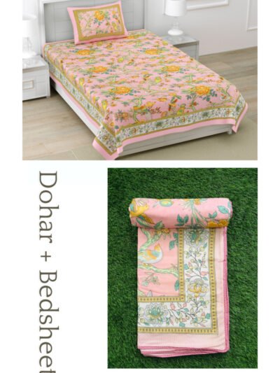 Set Of 3 Pcs – Floral Print Bedding Set (Bedsheet & Dohar Set) – Pink