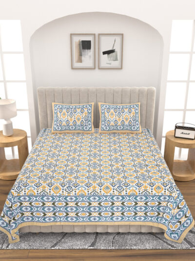 Rainbow - Ikat Print Pure Cotton Double Bed Bedsheet - Yellow