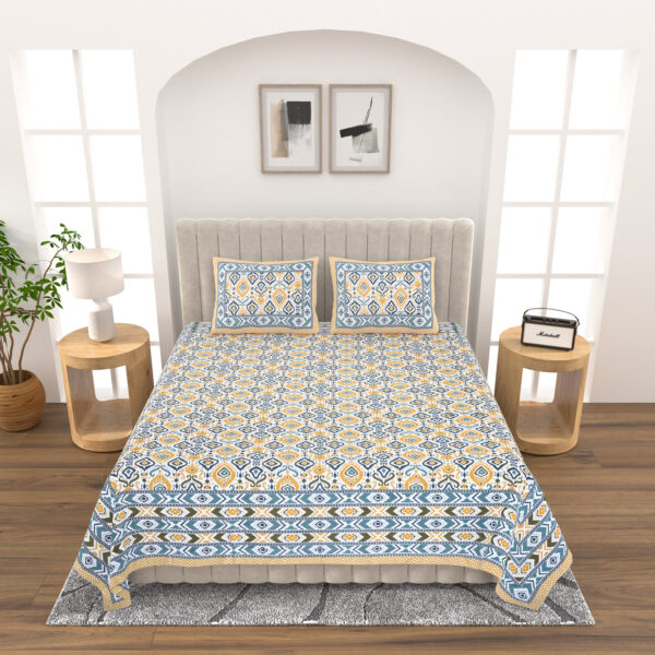 Ikat Print Pure Cotton Double Bed Bedsheet - Yellow