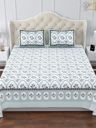 Magnolia - Diamond Floral Print Super King Size Bedsheet – 120x120 Inches – Aqua & White