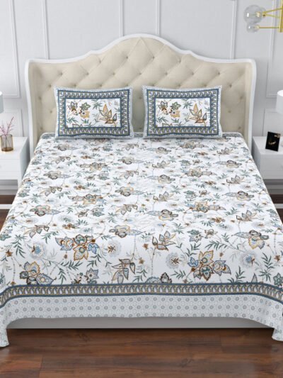 Magnolia - Floral Print Super King Size Bedsheet – 120x120 Inches – Blue & Brown