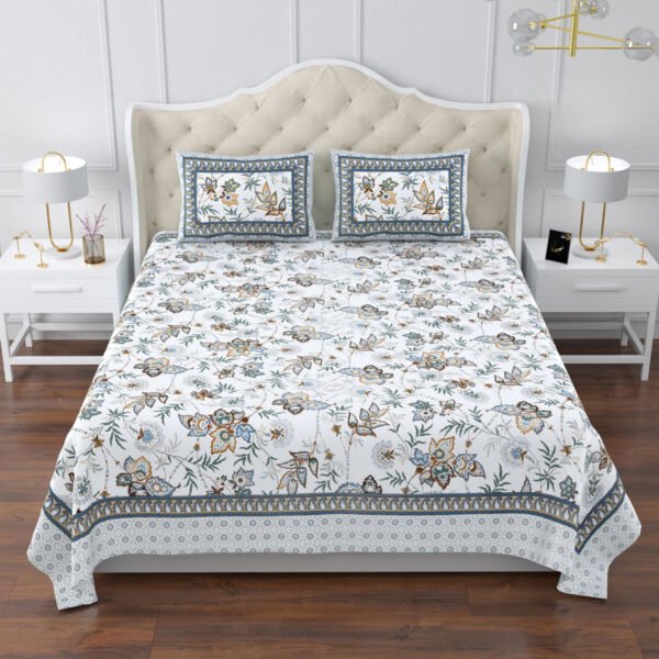 Magnolia - Floral Print Super King Size Bedsheet – 120x120 Inches – Blue & Brown