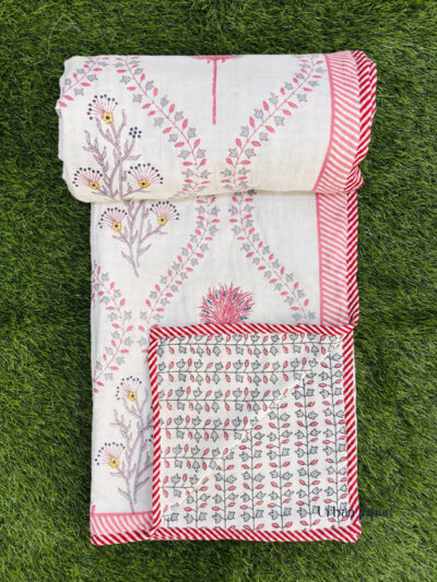 Lightweight Mulmul Cotton Dohar for Double Bed - Floral Print | Pink, White