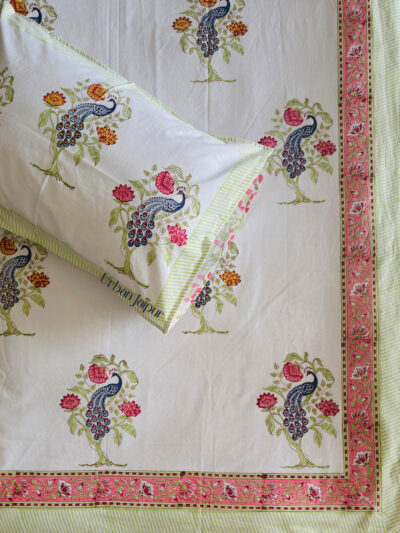 Harmony - Hand Block Print King Size 300 TC Bedsheet with Yellow Floral & Bird Design