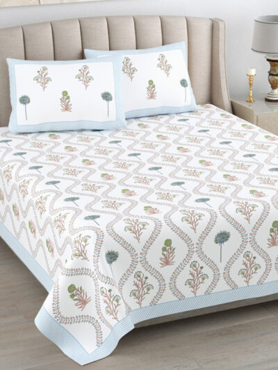 Kaya - Jaal Floral Print Pure Cotton Double Bedsheet - Blue
