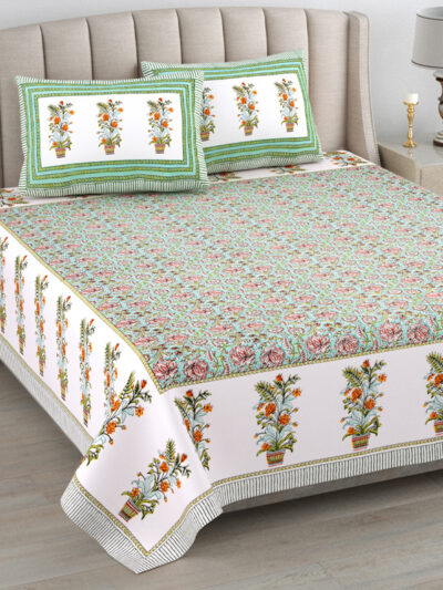 Kaya - Sanganeri Print Double Bed King Size Bedsheet- Green,Orange