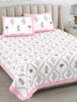 Kaya - Floral Print Pure Cotton Double Bedsheet - Pink, White