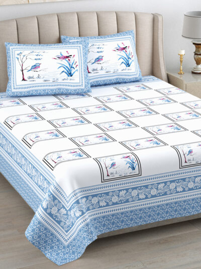 Kaya - Sanganeri Floral Print Double Bed King Size Bedsheet, Sky Blue