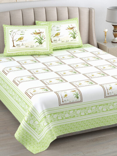Kaya - Sanganeri Floral Print Double Bed King Size Bedsheet, White, Green