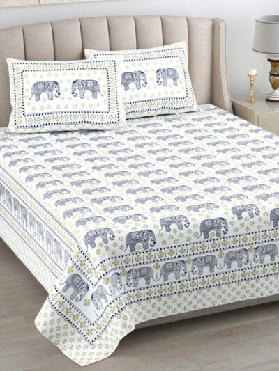 Kaya - Jaipuri Sanganeri Elephant Print Queen Size Bedsheet