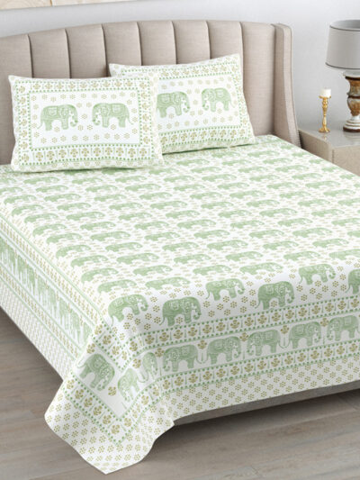 Kaya - Jaipuri Sanganeri Print Double Bed King Size Bedsheet, Green