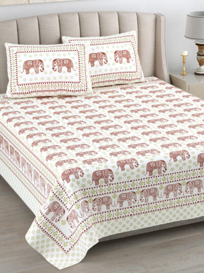 Kaya - Jaipuri Sanganeri Print Double Bed King Size Bedsheet, Green , Red