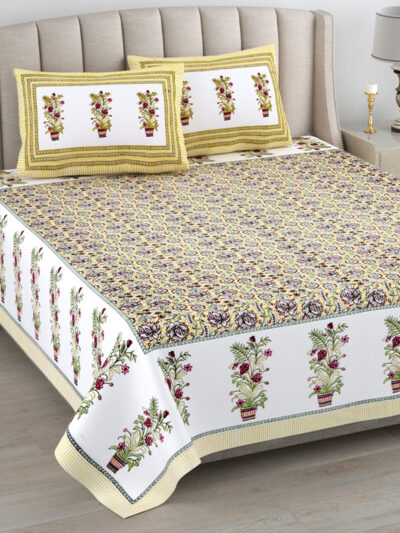 Kaya - Yellow, Green Print Double Bed King Size Bedsheet