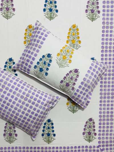 Karigari - Jaipuri White Base Bedsheet with Multicolour Motifs & Purple Patterned Border