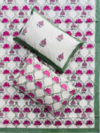 Karigari- Elegant Pink Lotus Jaal Bedsheet with Solid Green Border – King Size