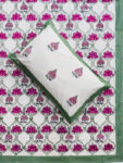 Karigari- Elegant Pink Lotus Jaal Bedsheet with Solid Green Border – King Size