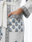 BATHROBE-2 Premium Block- Printed Cotton Bathrobe for Men and Women - White, Blue