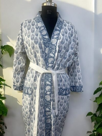 Stylish Block Printed Cotton Bathrobe | Elegant Bathrobes for Men & Women - Blue, Buta Print