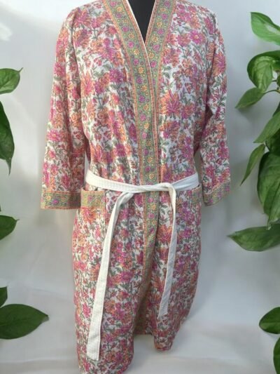 Stylish Block Printed Cotton Bathrobe For Men & Women - Pink, Floral Print