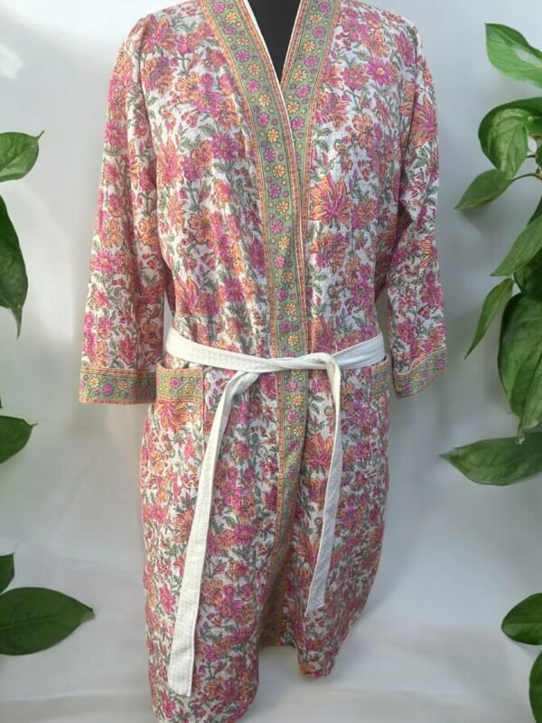 Stylish Block Printed Cotton Bathrobe For Men & Women - Pink, Floral Print