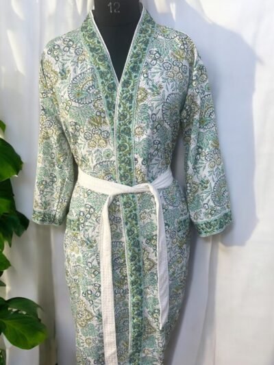 Stylish Block Printed Cotton Bathrobe For Men & Women - Green, Floral Print