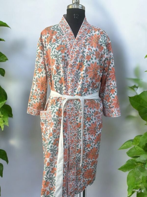 Stylish Block Printed Cotton Bathrobe | Luxury Cotton Bathrobes - Soft & Comfortable - Orange, Floral Print