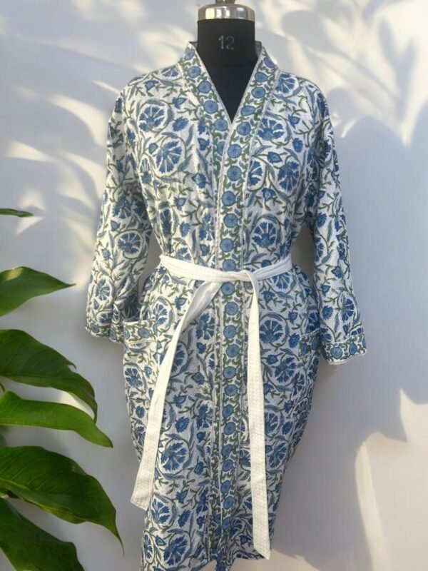 Stylish Block Printed Cotton Bathrobe | Luxury Cotton Bathrobes - Soft & Comfortable - Blue, Floral Print