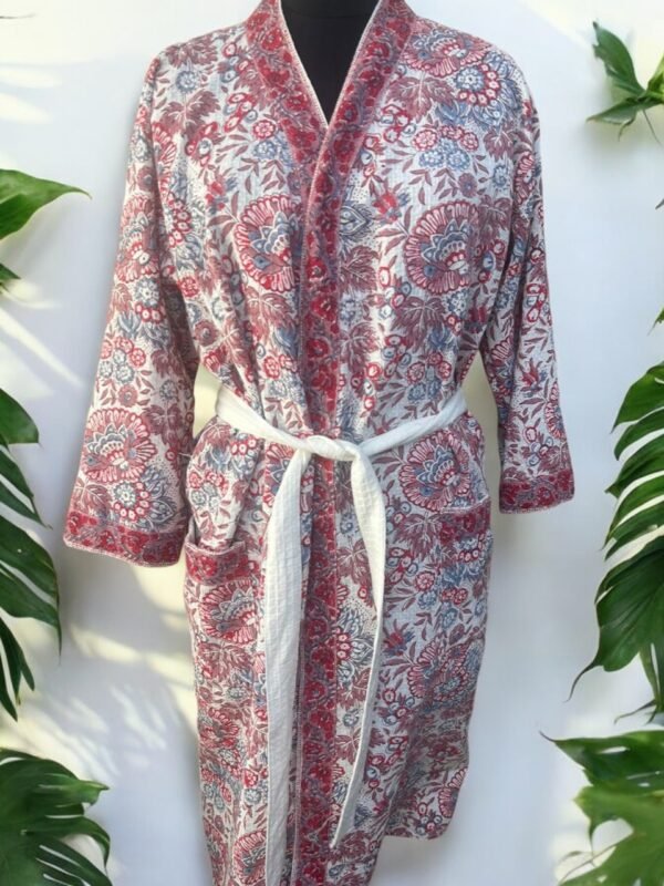 Stylish Block Printed Cotton Bathrobe For Men & Women - Red , Floral Print